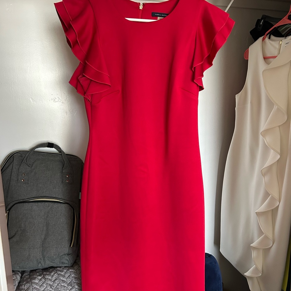 Tommy Hilfiger Red Sheath Midi Dress with Flutter Sleeves